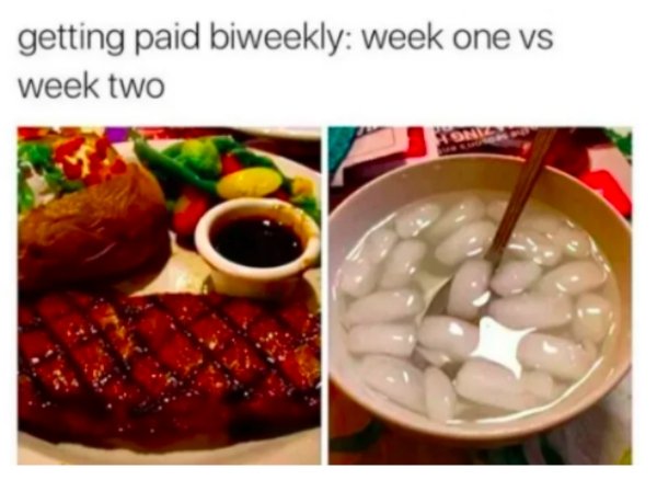 meal - getting paid biweekly week one vs week two On