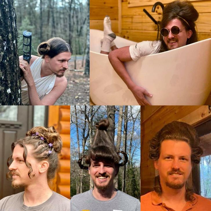 A hairstylist friend of mine has done her boyfriend’s hair every day that they’ve been stuck inside. So far we have these gems.