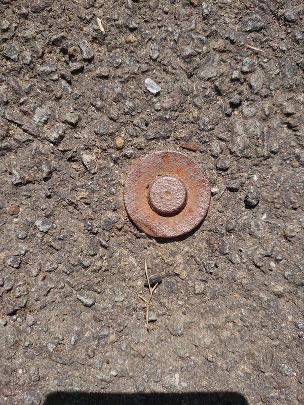 I see these in tarmac pavements (sidewalk) everywhere. Always wonder what they are, what their purpose is. Possibly UK specific. They are approximately the size of a 10p piece.

A: They are surveyors nails.