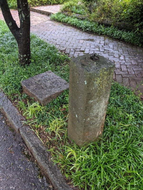 Concrete tower about three feet tall with a metal ring attached to the top. Another concrete block next to it, but shorter and no metal attachments. Found outside a home (adjacent to the street) in a historic district in Georgia, USA. I’ve seen similar things in front of other homes in the area.

A: This is from back in the horse and buggy days. The tall “tower” with the ring on top is a horse hitching post. The shorter block is a mounting block, to help someone getting in or out of a carriage or getting on or off a horse.