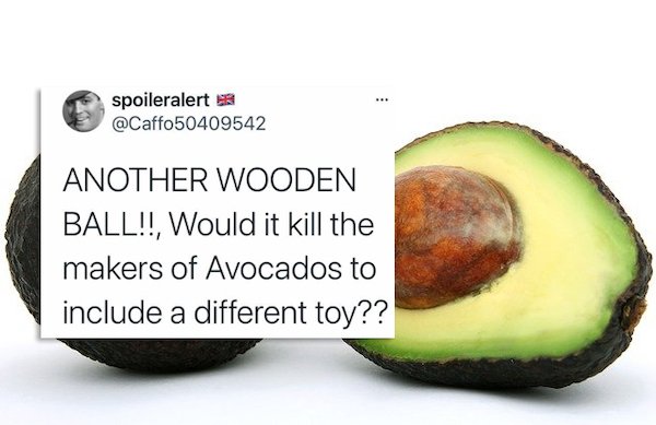 funny tweets - avocado - spoileralert 3 Another Wooden Ball!!, Would it kill the makers of Avocados to include a different toy??