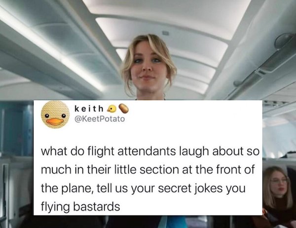 funny tweets - air travel - keith Potato what do flight attendants laugh about so much in their little section at the front of the plane, tell us your secret jokes you flying bastards
