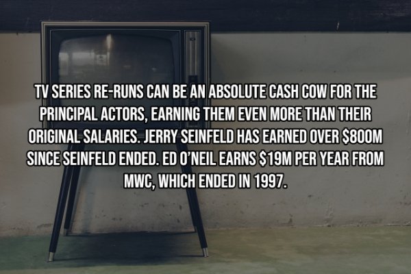 angle - Tv Series ReRuns Can Be An Absolute Cash Cow For The Principal Actors, Earning Them Even More Than Their Original Salaries. Jerry Seinfeld Has Earned Over $800M Since Seinfeld Ended. Ed O'Neil Earns $19M Per Year From Mwc, Which Ended In 1997.