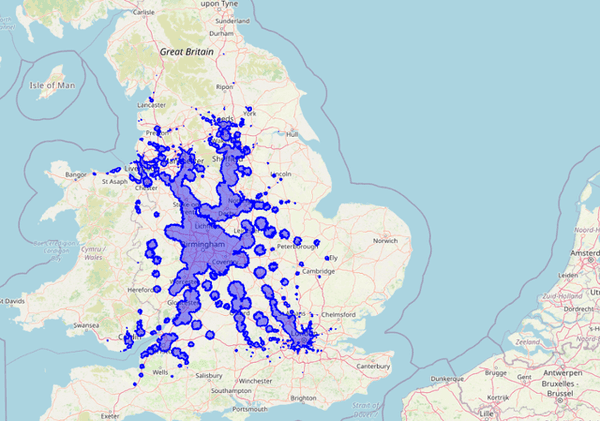 Isochrone map of areas reachable by rail/foot within two hours from Birmingham New Street Station.