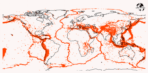 This map shows all of the earthquakes with a magnitude greater than 5.0 over the last 20 years.