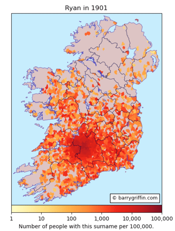 Distribution of the surname Ryan according to the 1901 census of Ireland