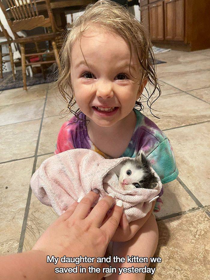 Cat - My daughter and the kitten we saved in the rain yesterday