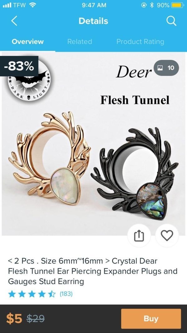 wish products - body jewelry - 111 Tew 90% Details Overview Related Product Rating 83% 10 Deer Dark Ligh Flesh Tunnel  Crystal Dear Flesh Tunnel Ear Piercing Expander Plugs and Gauges Stud Earring 183 $5 $29 Buy