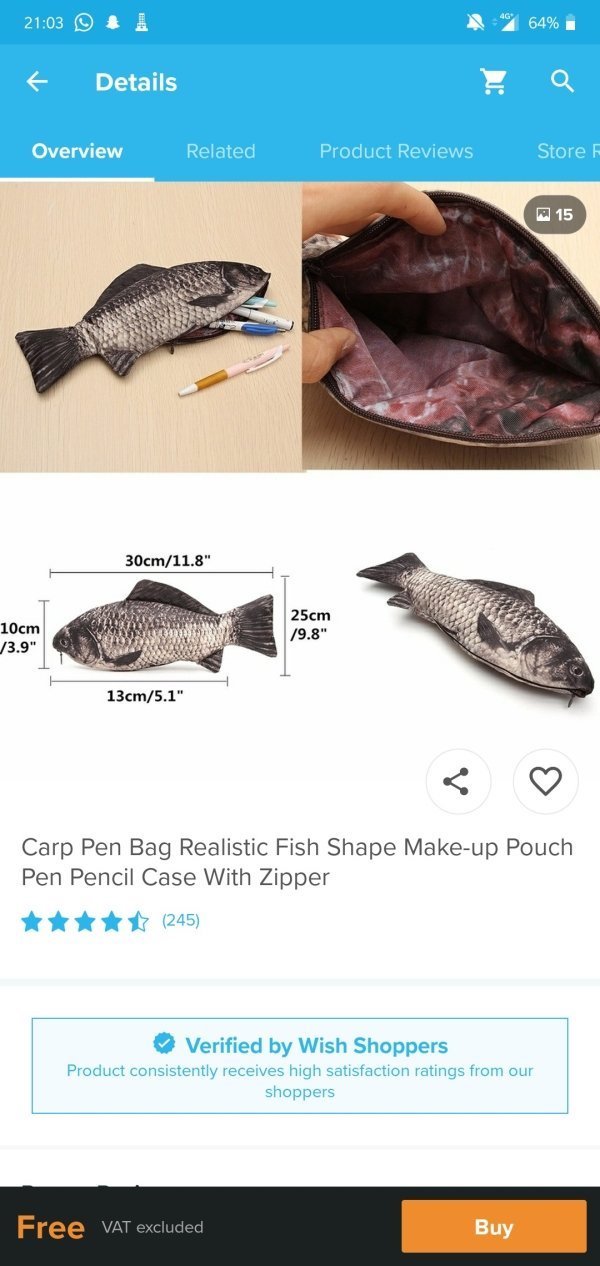 wish products - worst wish products - D & 64% Details Overview Related Product Reviews Store 15 30cm11.8" 10cm 3.9" 25cm 9.8" 13cm5.1" Carp Pen Bag Realistic Fish Shape Makeup Pouch Pen Pencil Case With Zipper 245 Verified by Wish Shoppers Product consist