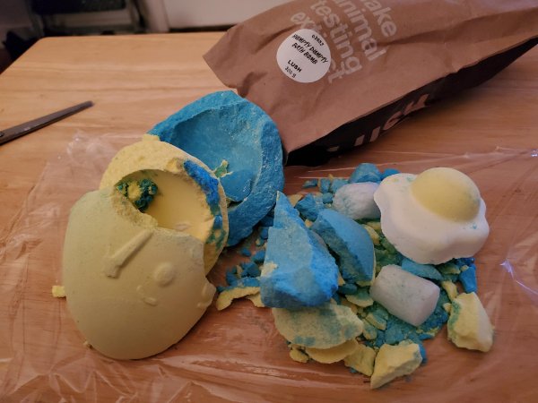 “My Humpty Dumpty bath bomb arrived shattered.”