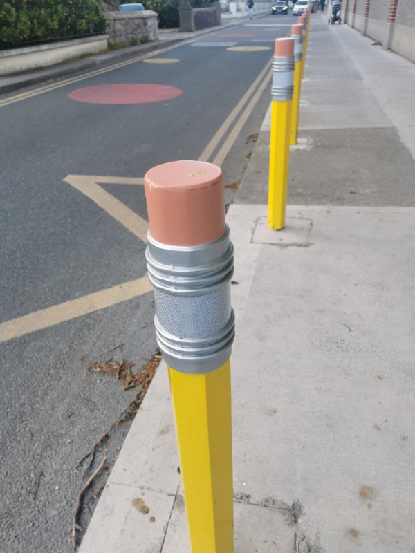 “Pencil bollards outside a school in London.”