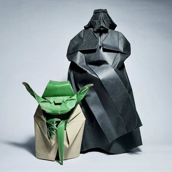 “Master Yoda and Darth Vader Origami Both folded by ME from a single piece of paper.”