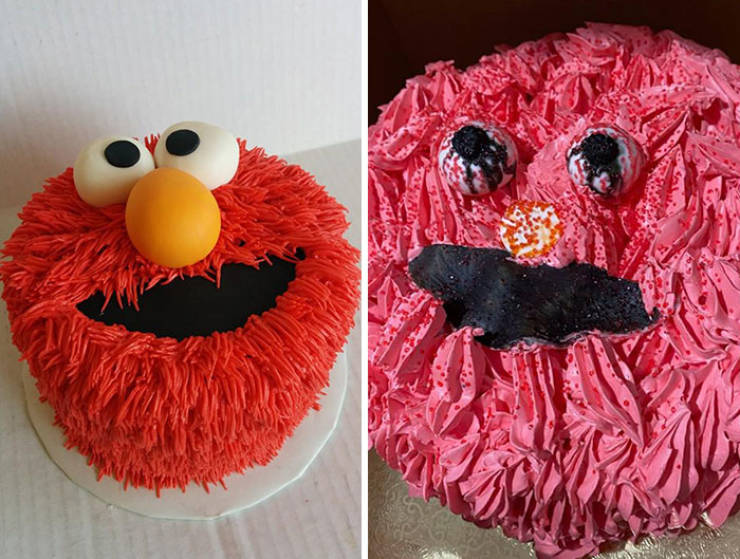 "We Ordered The Cake On The Left And Received The Cake On The Right. Elmo Has Seen Better Days"