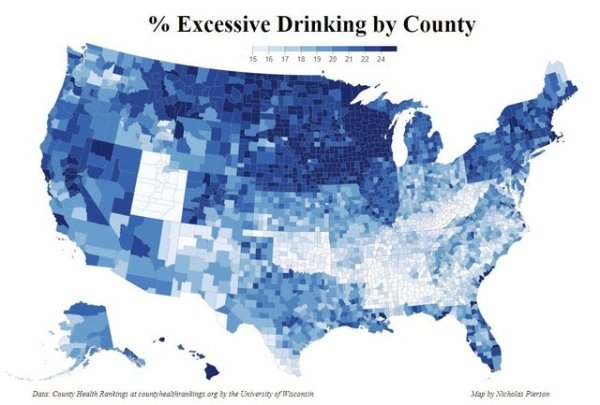 % Excessive Drinking by County 15 16 17 18 19 20 21 22 24 Data Cour Health Rankings at countabantips.org ay she teste conte Map ay colas Persor