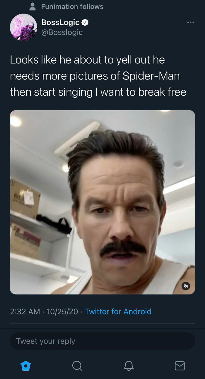 celebs getting rekt - head - Funimation s BossLogic Looks he about to yell out he needs more pictures of SpiderMan then start singing I want to break free 102520 Twitter for Android Tweet your A Ki
