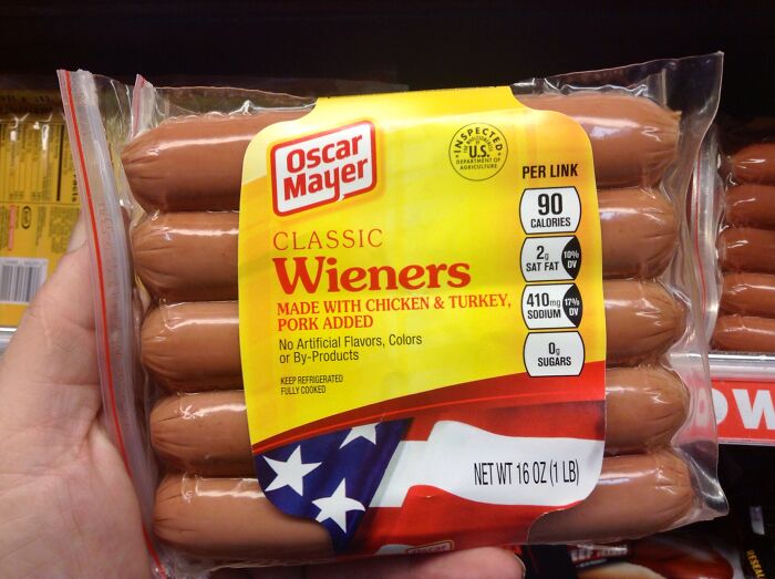 oscar mayer - U.S. or Gulee Oscar Mayer Per Link 90 Calories Classic 2,109 Sat Fat Ov Wieners Made With Chicken & Turkey, 410.17 Pork Added Sodium Ov No Artificial Flavors, Colors or ByProducts 0. Sugars Keep Refrigerated Fully Cooked Dw Net Wt 16 Oz 1 Lb