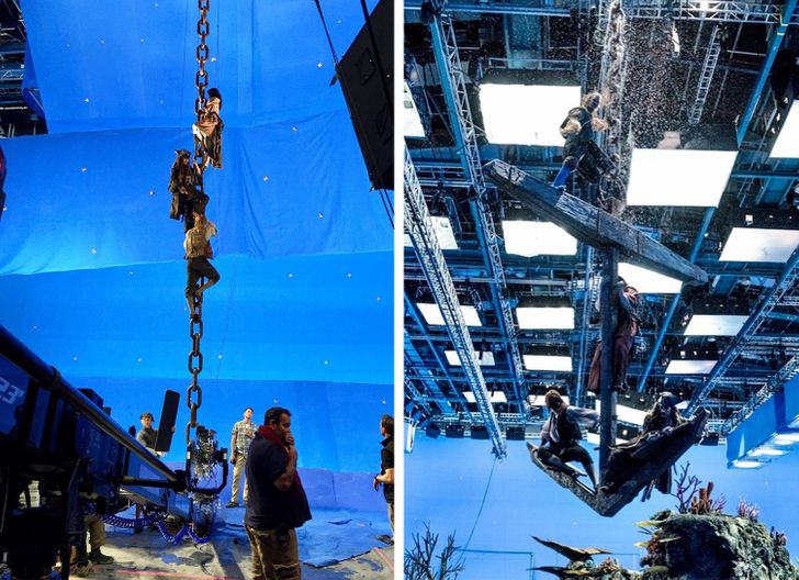 During the shooting of the fifth part of Pirates of the Caribbean, actors had to hang from a giant chain.