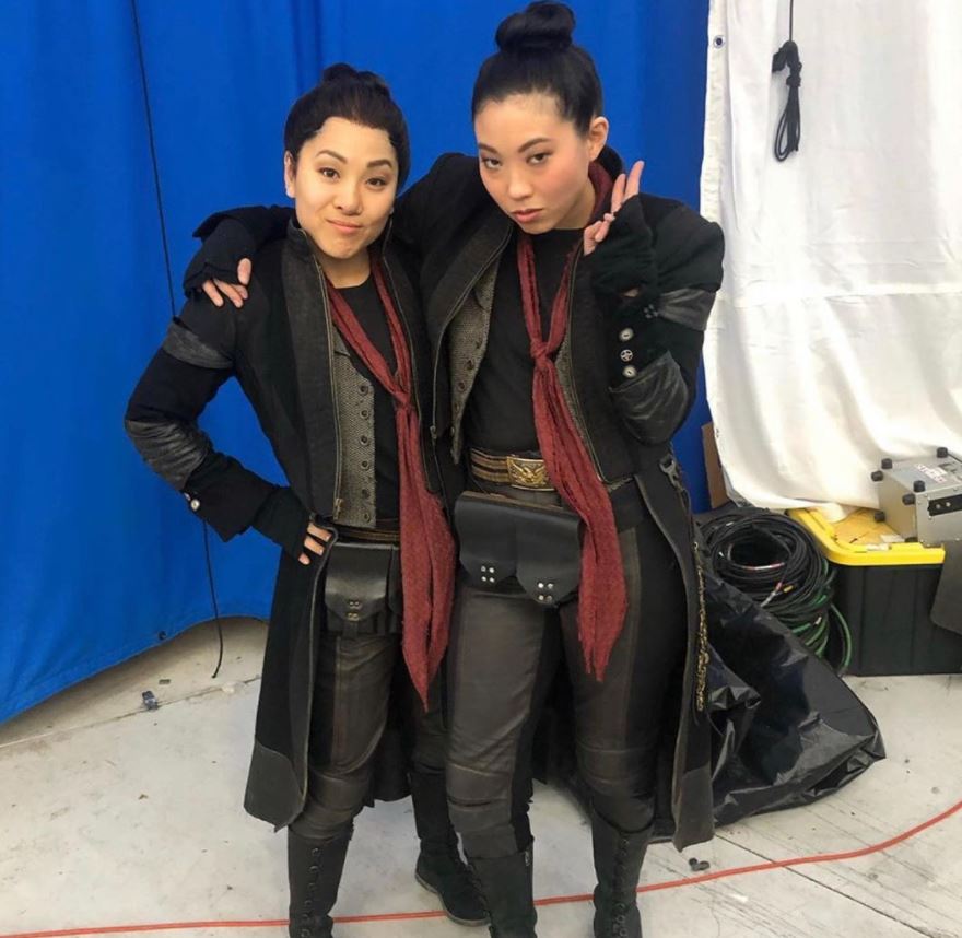 Awkwafina with her stunt double working on Jumanji: The Next Level