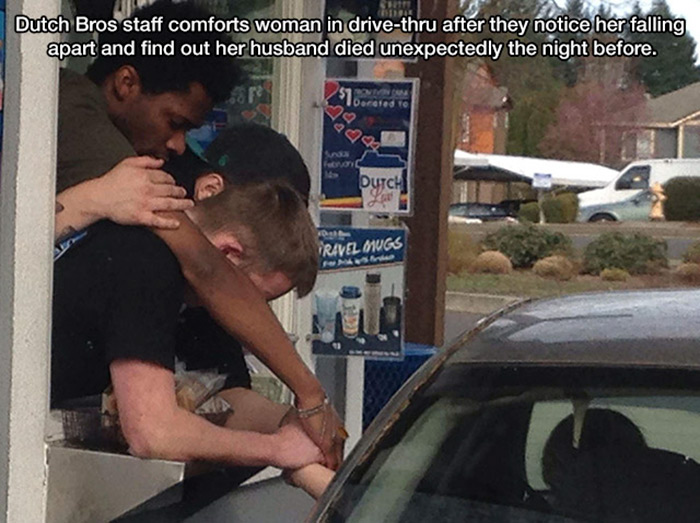 dutch bros employees pray - Dutch Bros staff comforts woman in drivethru after they notice her falling apart and find out her husband died unexpectedly the night before. $10relea Durch Travel Mugs mulo