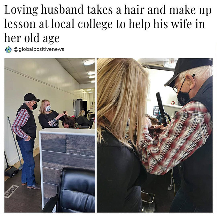 shoulder - Loving husband takes a hair and make up lesson at local college to help his wife in her old age