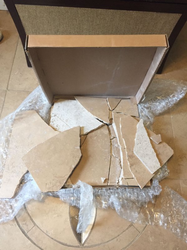 “Ordered four “online exclusive” ceramic tiles from Lowe’s (they were not available in stores). They arrived today. All four were smashed to pieces.”