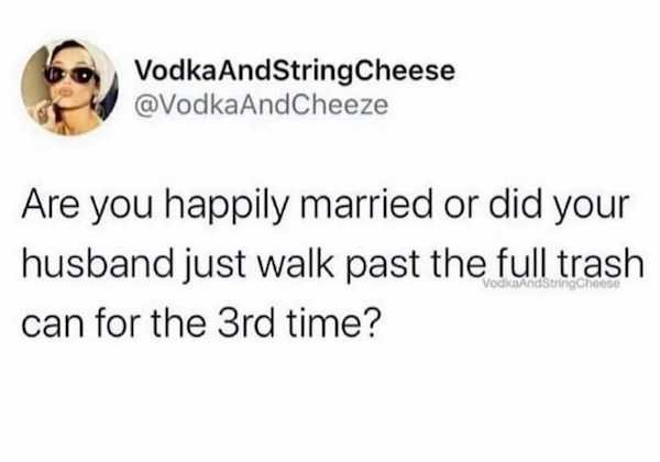 scissors glide meme - Vodka AndString Cheese AndCheeze Are you happily married or did your husband just walk past the full trash can for the 3rd time?