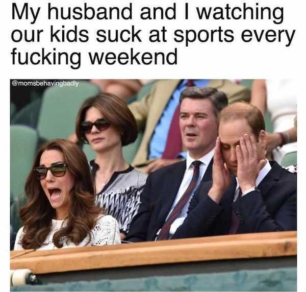 photo caption - My husband and I watching our kids suck at sports every fucking weekend