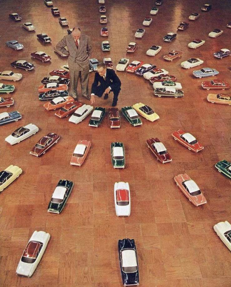 “Ford execs choosing the 1953 automobile colours from 76 scale models.”