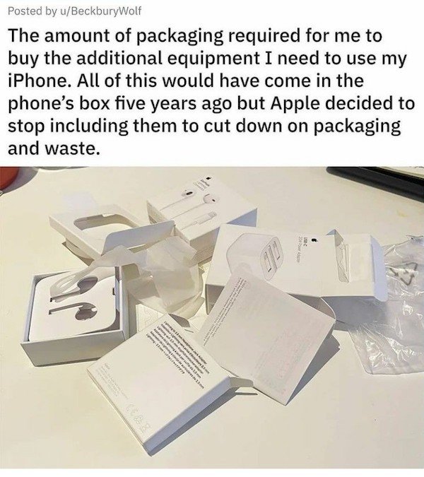 paper - Posted by uBeckburyWolf The amount of packaging required for me to buy the additional equipment I need to use my iPhone. All of this would have come in the phone's box five years ago but Apple decided to stop including them to cut down on packagin