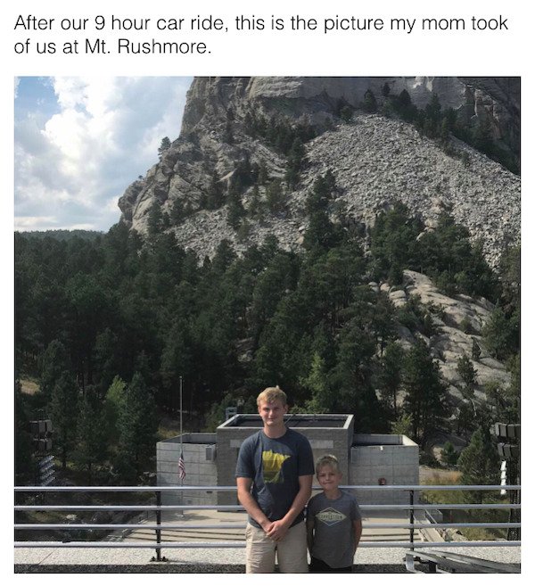 mount rushmore national memorial - After our 9 hour car ride, this is the picture my mom took of us at Mt. Rushmore.