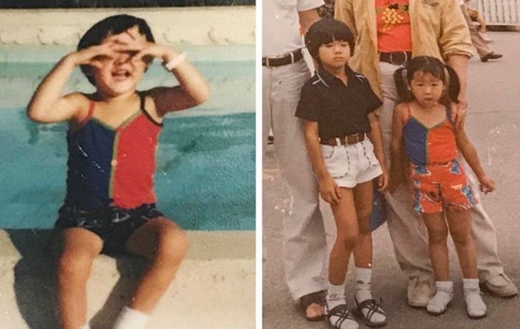 “Childhood photos of me in the United States and my wife in Korea, and we’re wearing the same tank top.”