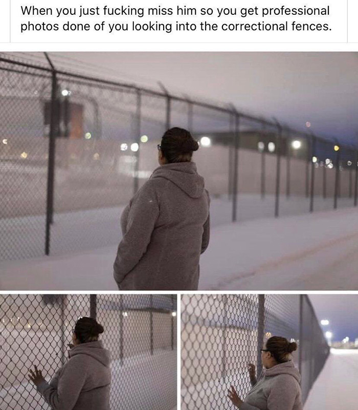 cringe pics - snow - When you just fucking miss him so you get professional photos done of you looking into the correctional fences.