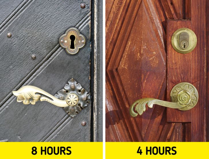 Brass and copper door knobs inhibit the growth of bacteria due to the metal ions. The only difference is that brass disinfects itself in 8 hours while copper does it in 4 hours. It happens because brass is an alloy that contains copper and needs more time to affect the bacteria.