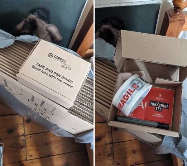 “These moving boxes I ordered in England that also contain 1 teabag to help you with the move.”