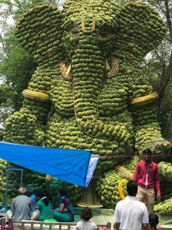 “A 25-feet statue of a Hindu God (Ganesha) is hand made out of bananas”