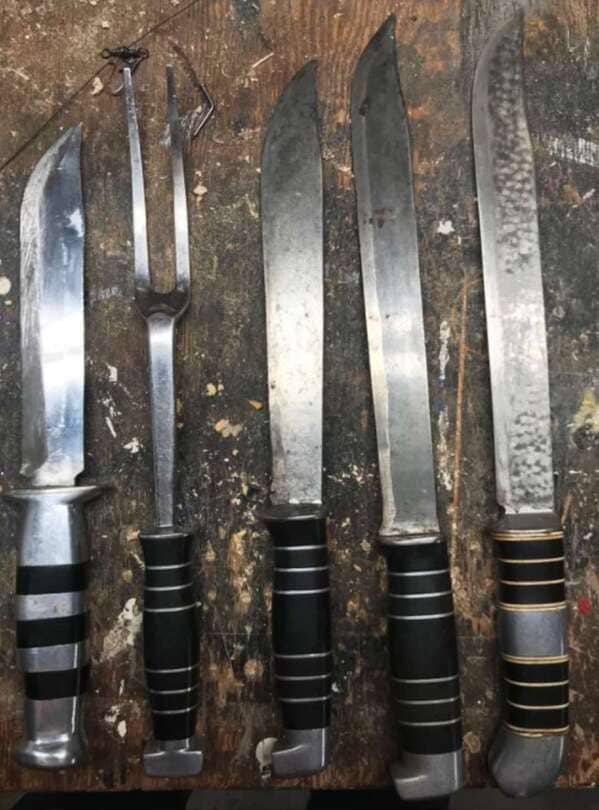 “Set of knives my grandfather made out of salvaged parts of downed planes while stationed in the pacific in WWII”