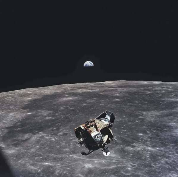 “Michael Collins took this picture of the lunar lander which Neil Armstrong and Buzz Aldrin were inside. Behind is Earth. The photo has become known as ‘Everyone in the world except Michael Collins.'”