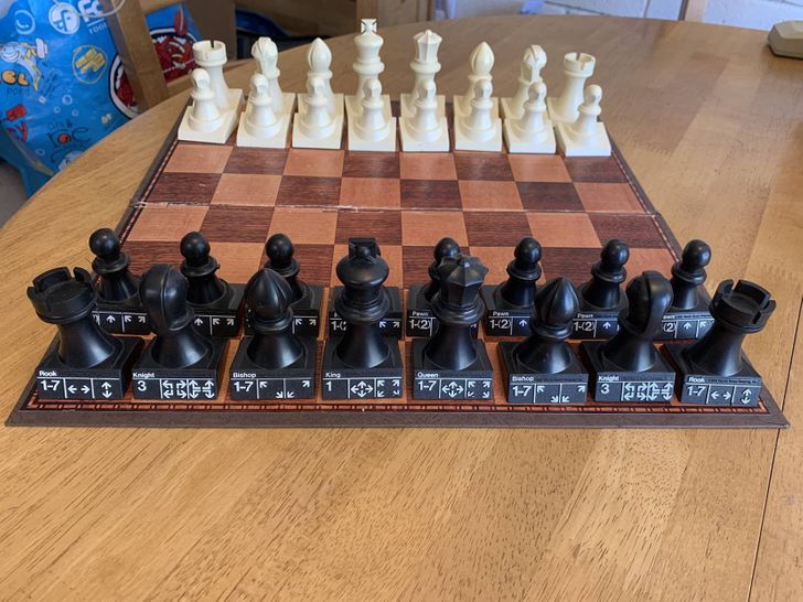 This chess set has valid moves for each piece stamped on their bases, making the game much easier for beginners to learn.