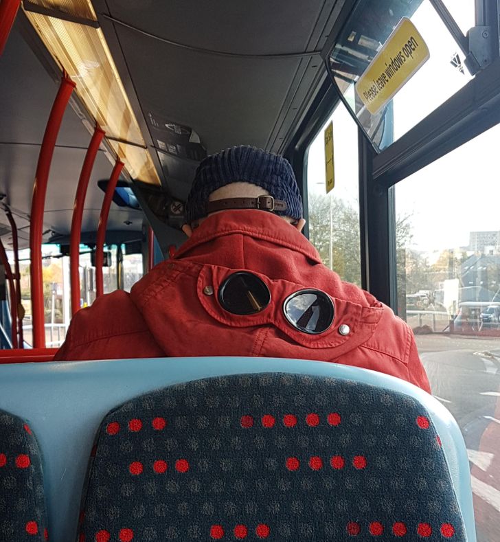 This guy’s jacket hood has a built-in pair of sunglasses.