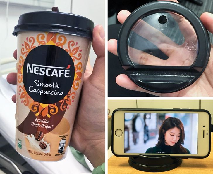 This drink cover has a built-in smartphone holder to make your coffee break even nicer.