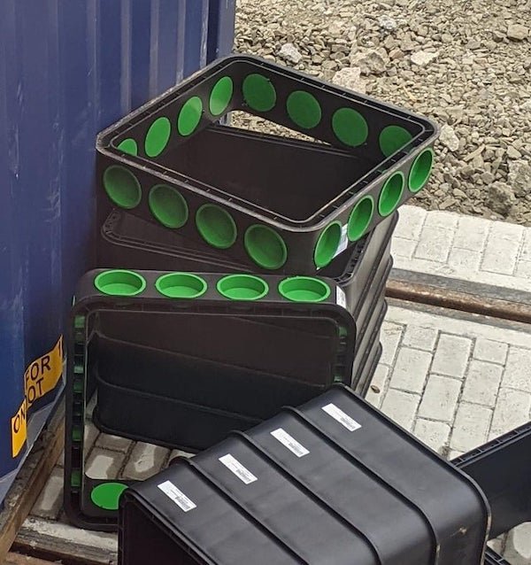 What is this plastic green bumpy thing? (Seen on construction site building tramlines)

A: Used for cabinets with underground installation by the looks