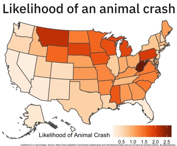 cartoon - lihood of an animal crash lihood of Animal Crash 0.5 1.0 1.5 2.0 2.5 lihood is in percentage. Source 'autoandvehicleshowlyareyoutohaveahanimalColision. By loddrjones