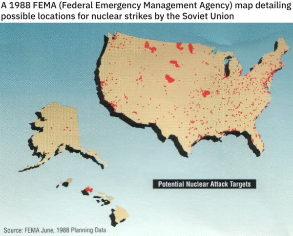 map - A 1988 Fema Federal Emergency Management Agency map detailing possible locations for nuclear strikes by the Soviet Union Potential Nuclear Attack Targets i Source Fema Planning Data