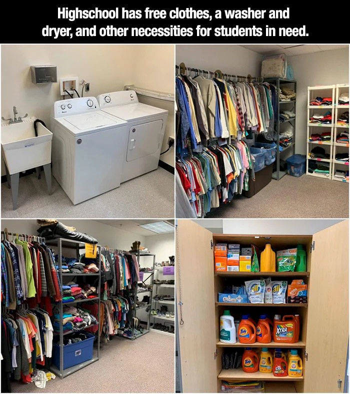 closet - Highschool has free clothes, a washer and dryer, and other necessities for students in need. 0 O Oc Xtra Ema