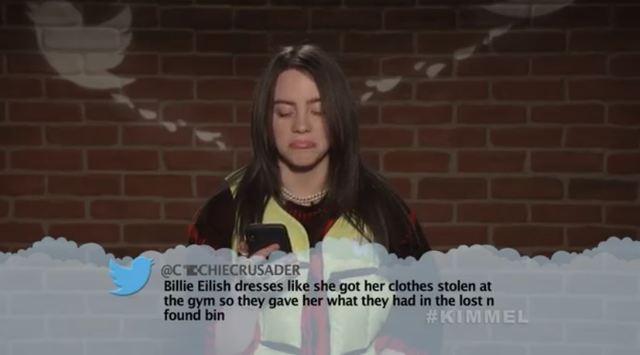 billie eilish mean tweets jimmy kimmel - Echiecrusader Billie Eilish dresses she got her clothes stolen at the gym so they gave her what they had in the lost n found bin