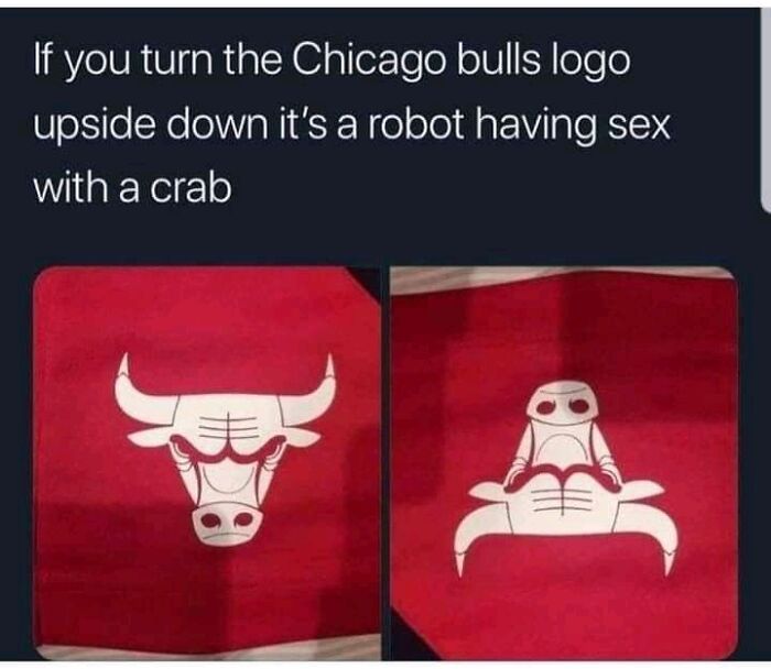 funny and dumb points people made online - chicago bulls logo meme - If you turn the Chicago bulls logo upside down it's a robot having sex with a crab