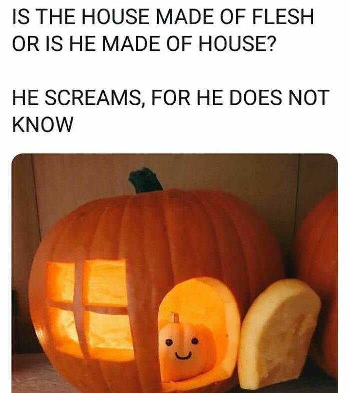 funny and dumb points people made online - pumpkin house with a tiny pumpkin inside - Is The House Made Of Flesh Or Is He Made Of House? He Screams, For He Does Not Know
