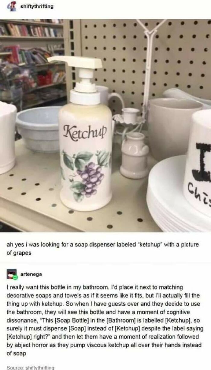 funny and dumb points people made online - soap dispenser labeled ketchup - shiftythrifting Ketchup Chir ah yes i was looking for a soap dispenser labeled "ketchup" with a picture of grapes artenega I really want this bottle in my bathroom. I'd place it n
