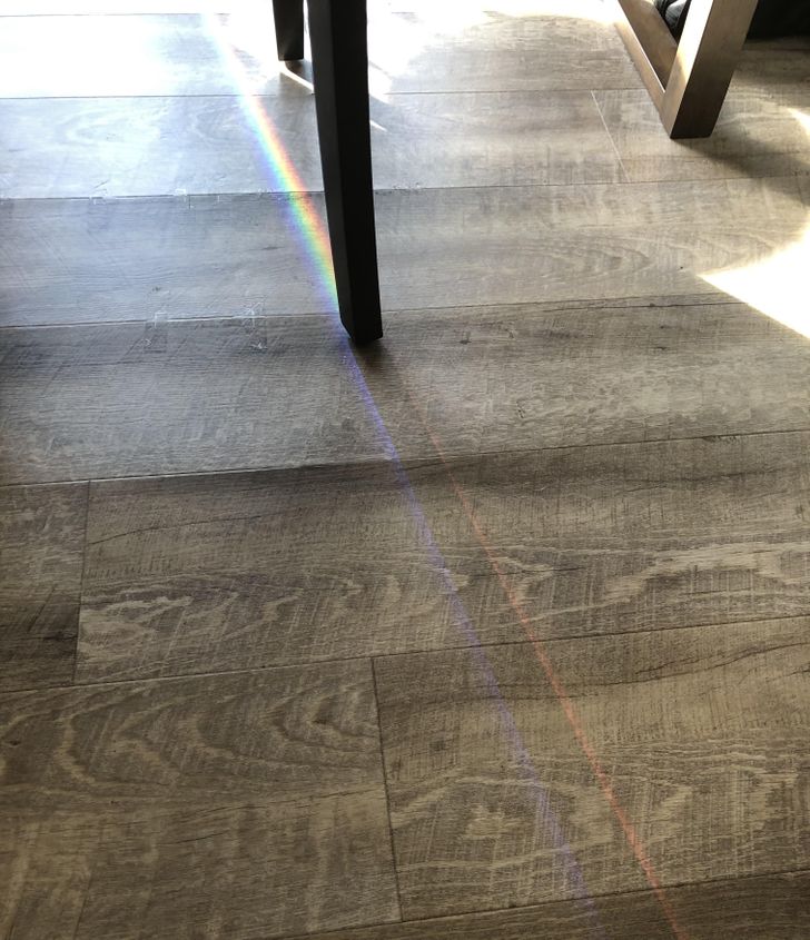 “The sun on my window made a rainbow that’s split in half by my chair leg.”