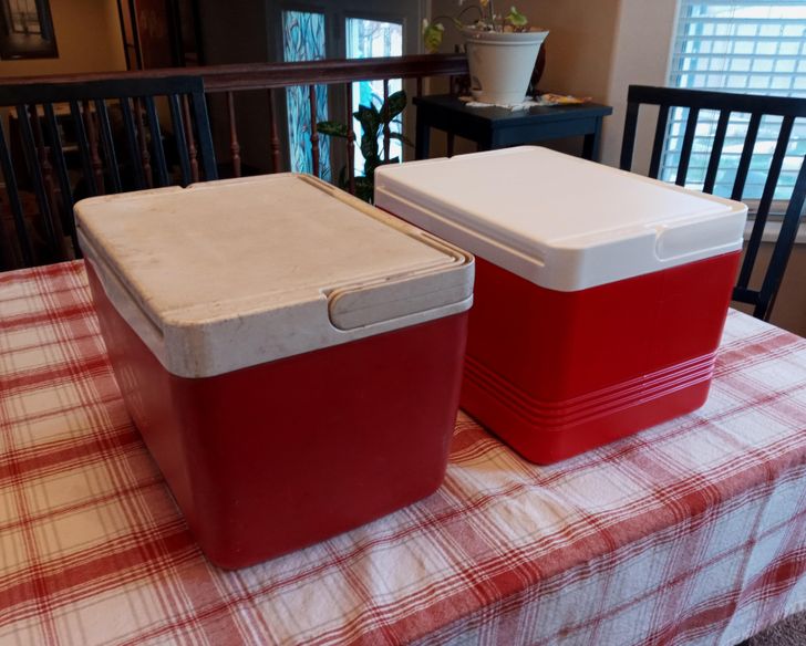 “My dad’s lunchbox from the last 23 years vs the new one he got today”